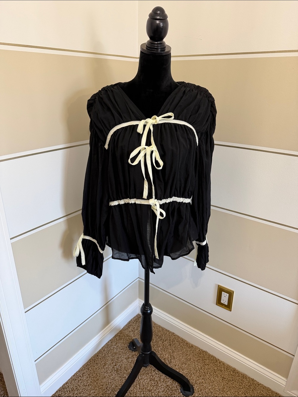 Listicle Black Peasant Blouse with Cream Tie Accents
